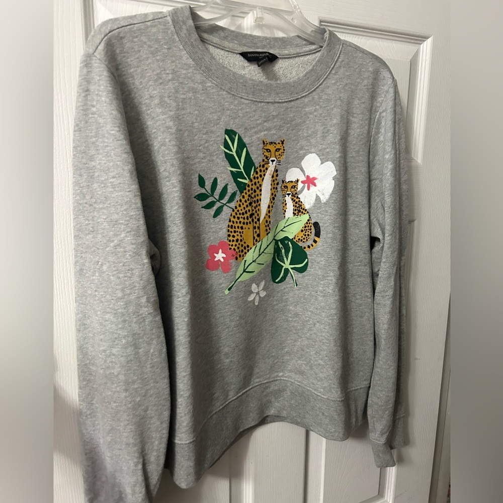 Banana Republic Gray Sweatshirt with Cheetah Print